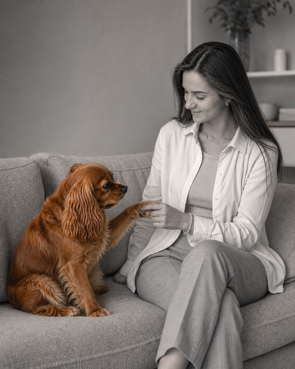Persona y perro compartiendo un momento de complicidad en casa