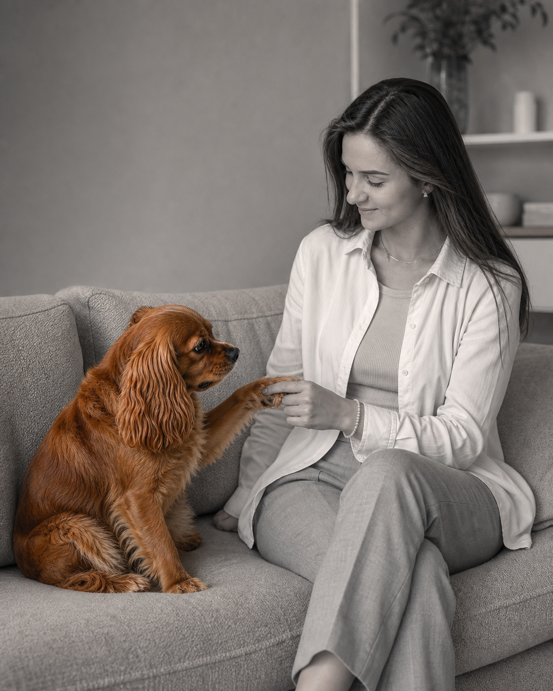 Persona y perro compartiendo un momento de complicidad en casa