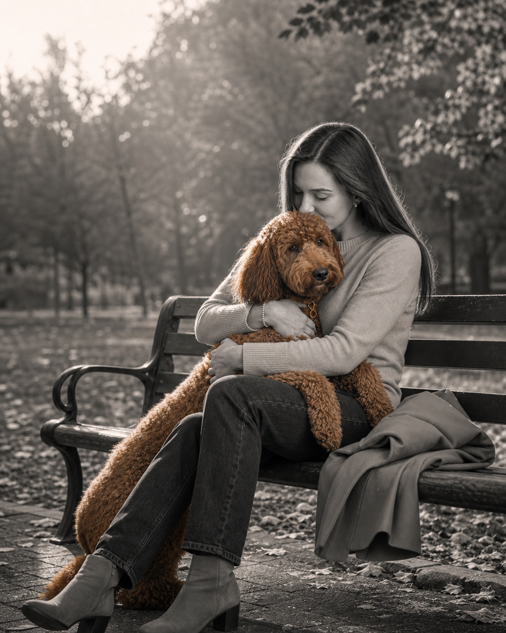 Persona abrazando a su perro en un parque