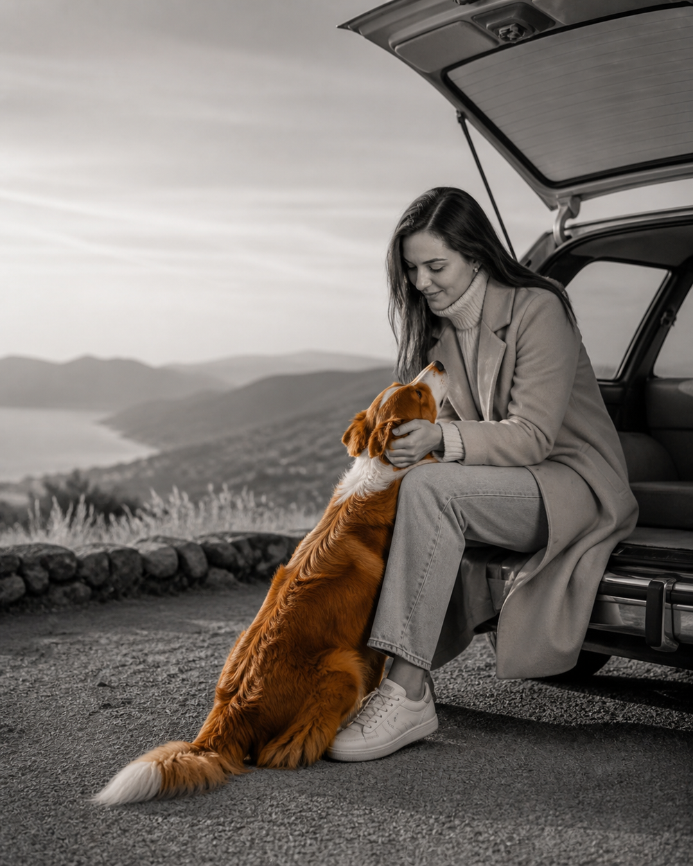 Perro durante un viaje en coche con su familia
